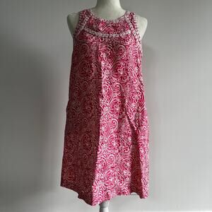 J. McLaughlin Linen Embroidered Sleeveless Shift Dress Pockets Pink Paisley